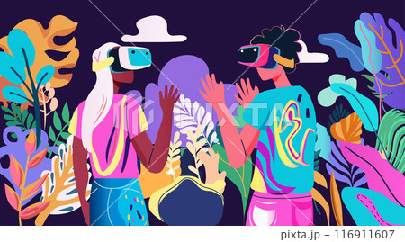 Two people wearing VR headsets in a vibrant tropical environment with colorful plants and abstract shapes 116911607