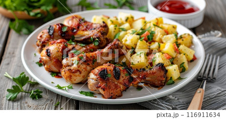 Grilled Chicken Legs With Potato Salad 116911634