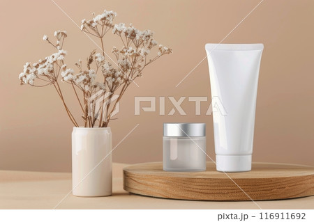 White Lotion Tube on Wooden Platform 116911692