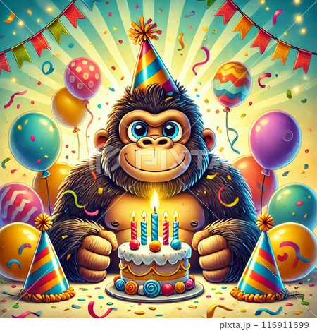 イラスト素材：誕生日を祝われる輝かしいゴリラのイラスト素材