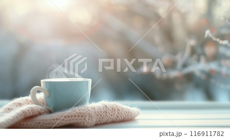 Steaming Coffee On Winter Day 116911782