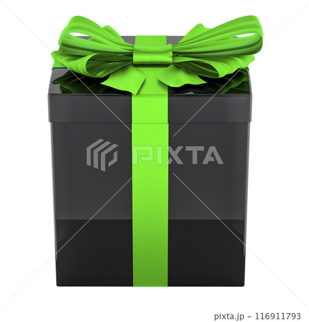 Black Gift Box with green ribbon and bow. 3D rendering 116911793
