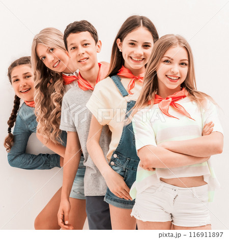 cute teenage children standing one by one on white background cute teenage children standing one by one on white background 116911897