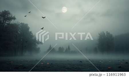 Foggy Night With Full Moon and Bats 116911963