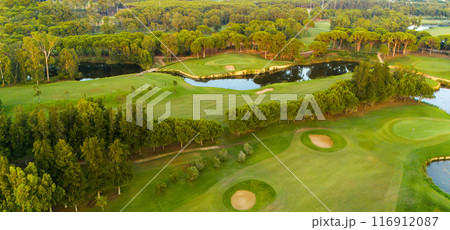 Panorama of golf course at sunset. Scenic panoramic view of golf fairway. Golf field with beautiful pines 116912087