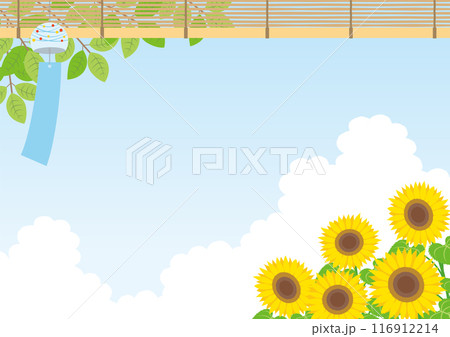 夏をイメージした風鈴とひまわりの背景_横 116912214