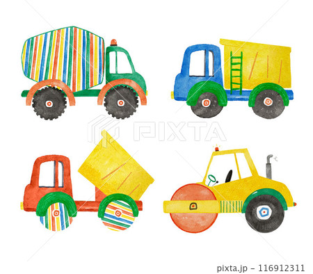 Beautiful childish set with hand drawn watercolor kid's toys illustrations. Construction equipment concrete mixer dump truck excavator tractor clip art. 116912311