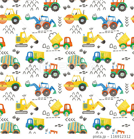 Beautiful childish seamless pattern with hand drawn watercolor kid's toys illustrations. Construction equipment concrete mixer dump truck excavator tractor. Beautiful childish seamless pattern with hand drawn watercolor kid's toys illustrations. Construction equipment concrete mixer dump truck excavator tractor. 116912312