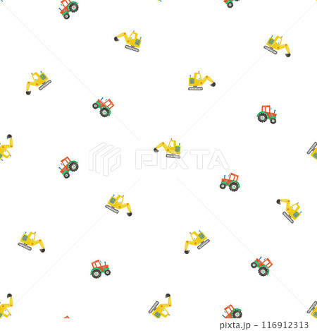 Beautiful childish seamless pattern with hand drawn watercolor kid's toys illustrations. Construction equipment excavator tractor. Beautiful childish seamless pattern with hand drawn watercolor kid's toys illustrations. Construction equipment excavator tractor. 116912313