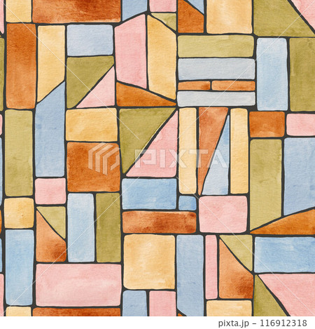 Beautiful abstract seamless pattern with colorful watercolor geometric ornament. Abstract patchwork print design. Stock illustration. 116912318