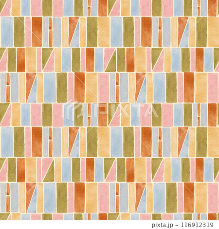 Beautiful abstract seamless pattern with colorful watercolor geometric ornament. Abstract patchwork print design. Stock illustration. 116912319