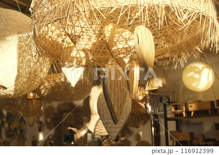 Brown handcraft rattan lamp, decoration and home basket products in Thailand market Brown handcraft rattan lamp, decoration and home basket products in Thailand market 116912399