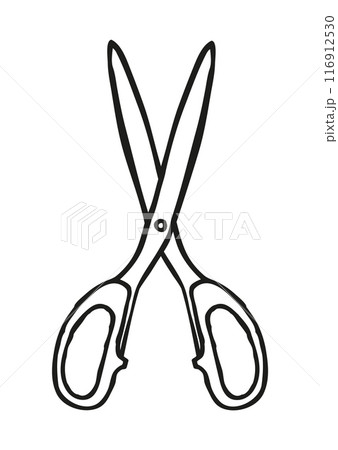 Doodle scissors icon or logo, hand drawn with thin black line 116912530