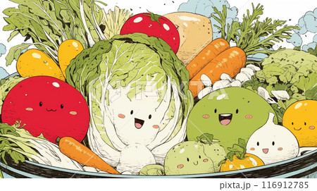 食べ物をかわいらしく擬人化：鍋に集合