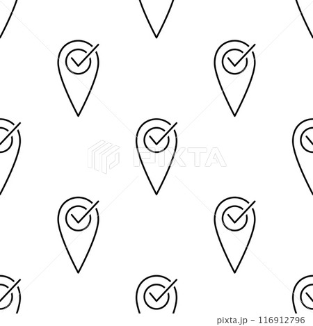 Seamless pattern, location pin and check mark. GPS navigator pointer. Geolocation map mark, point location. 116912796