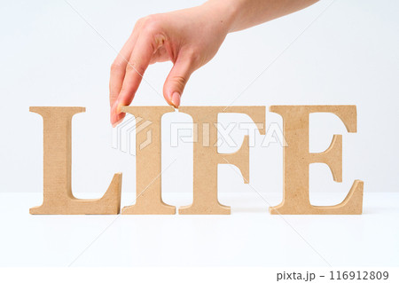 「LIFE」と並べられたアルファベットの木製ブロック 116912809