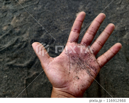 Close up dirty hand full of sand. Hand of a hard worker, dirty and unclean 116912988