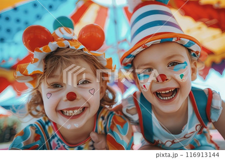 Two cute, cheerful children in clown costumes. Circus. AI-generated content. 116913144