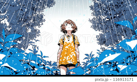 突然の雨に戸惑っている少女