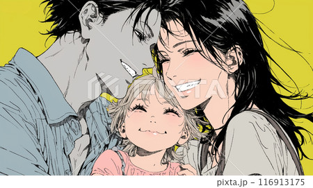 仲の良い両親に挟まれて幸せそうな女の子（実は父親はすでに亡くなっていて思い出）