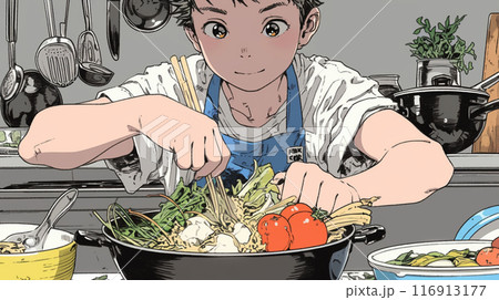男性が一生懸命に鍋料理を作っている