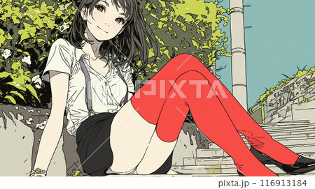 赤いストッキングをはいて道に座って男性を誘惑している若い女性
