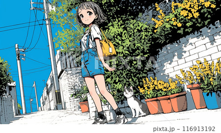 晴天の夏休みに近所を散歩している少女