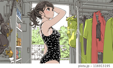 水着に着替え終わった若い女性