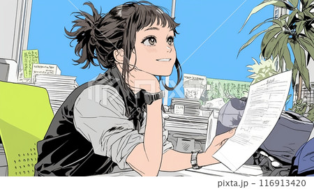 書類の確認をしている若い女性