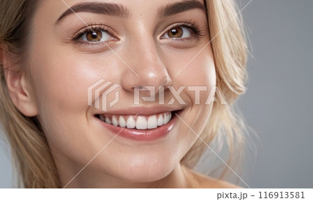 Perfect healthy white teeth smile of a young woman. Dental health or healthy skin concept for dental 116913581