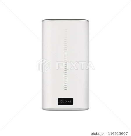 Modern tanked boiler in bathroom. Household budget water heater hanging on the wall in boiler room. Common electric storage tank water heater. Energy-efficient home heating system on white background 116913607