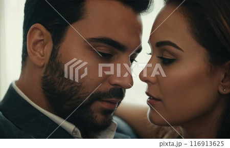 Beautiful young lovers couple man and woman look at each other. Real love concept. Generative AI 116913625
