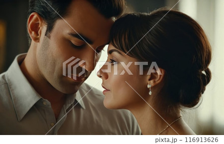 Beautiful young lovers couple man and woman look at each other. Real love concept. Generative AI 116913626