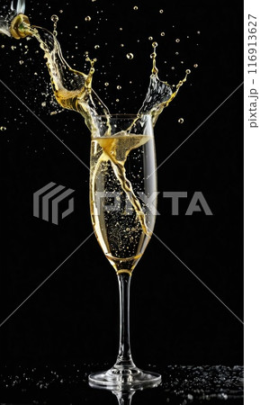 Glass of champaign with splashes on black background. Generative AI 116913627