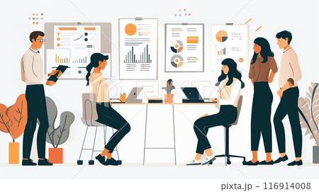 Team of small business professionals collaborating on marketing strategies in modern office Team of small business professionals collaborating on marketing strategies in modern office 116914008