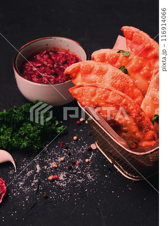 Fried mini pasties, with red sauce, top view, close-up, no people, selective focus, 116914066