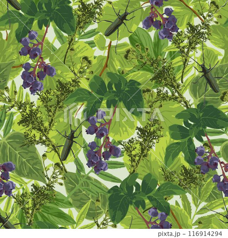 Bright summer seamless pattern with green lush leaves, foliage, bunches of ripe blueberries, crawling big green musk beetle. Sunshine through dense vegetation. Floral botanical background. 116914294