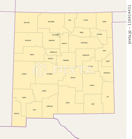 New Mexico counties, political map with borders and county names. State in the Southwestern region of the United States, subdivided into 33 counties. Nicknamed The Land of Enchantment. Illustration New Mexico counties, political map with borders and county names. State in the Southwestern region of the United States, subdivided into 33 counties. Nicknamed The Land of Enchantment. Illustration 116914431