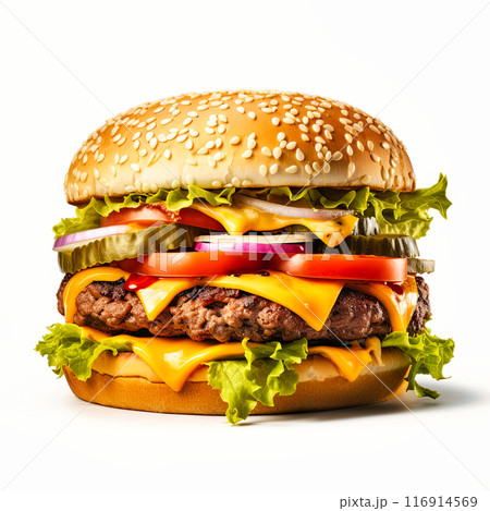 Delicious Hamburger With Cheese, Lettuce, Tomato, and Pickles 116914569