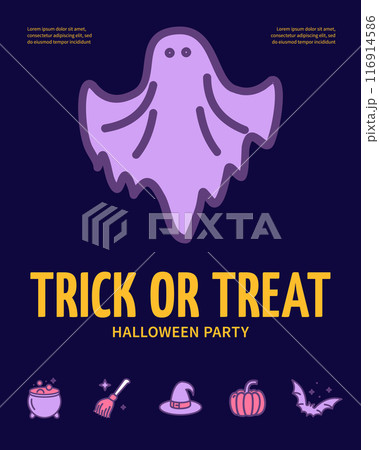 Halloween Magic Trick or Treat Vertical Placard Poster Banner Card Template with Ghost. Vector Halloween Magic Trick or Treat Vertical Placard Poster Banner Card Template with Ghost. Vector 116914586