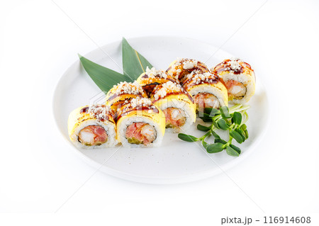 Sushi rolls with shrimp, cucumber, eel and tuna served with soy sauce Sushi rolls with shrimp, cucumber, eel and tuna served with soy sauce 116914608