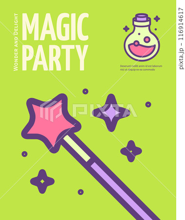 Halloween Magic Party and Wand Placard Poster Banner Card Template Vertical. Vector Halloween Magic Party and Wand Placard Poster Banner Card Template Vertical. Vector 116914617