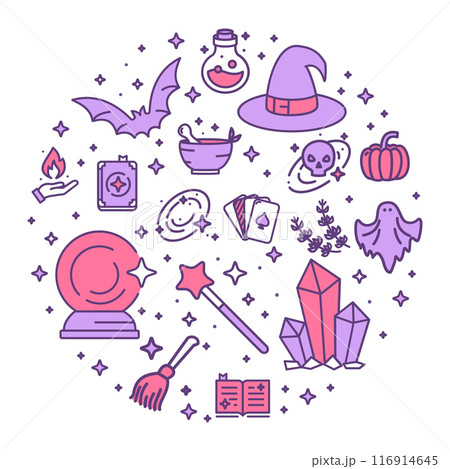 Magic Witch Halloween Round Design Template Thin Line Icon Concept for Party. Vector Magic Witch Halloween Round Design Template Thin Line Icon Concept for Party. Vector 116914645
