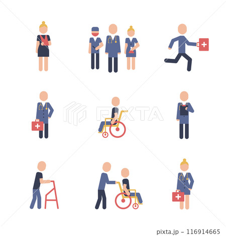Vector icon illustrations set related to medical, welfare for the elderly, people with disabilities etc. Color pictograms clinic icons. 116914665