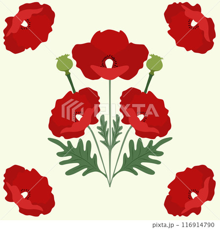 Red Poppy Flowers with Leaves on beige Seamless Pattern Vector 116914790