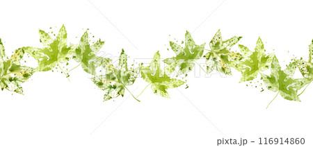 Vibrant green leaves seamless border. Floral banner with maple leaves, splashes, spray. Elegant green leaf ornate in watercolor style. Fresh atmosphere for various nature themed designs 116914860