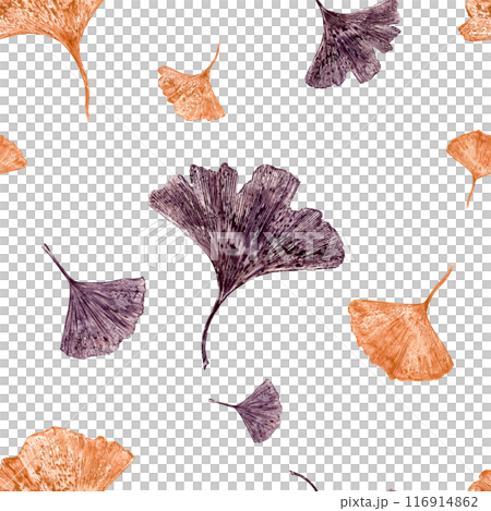 Colorful Autumn leaves. Copper and gold gingko leaf silhouettes. Dried abstract fan leaves. Fall season seamless pattern. Watercolor illustration. For various nature themed designs, textile Colorful Autumn leaves. Copper and gold gingko leaf silhouettes. Dried abstract fan leaves. Fall season seamless pattern. Watercolor illustration. For various nature themed designs, textile 116914862