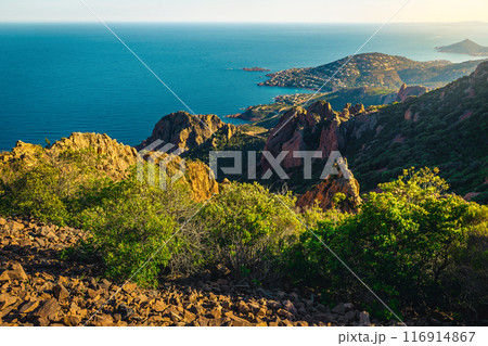 Blue sea and red rocks in the Esterel massif, France Blue sea and red rocks in the Esterel massif, France 116914867