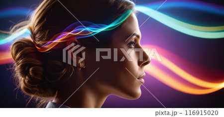 Auditory perception, person listens or hearing deteriorates , waveforms visualize sounds propagating in the surrounding air 116915020