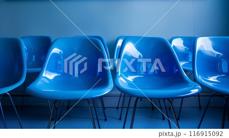 Blue plastic chairs poster image. Blue plastic chairs poster image. 116915092